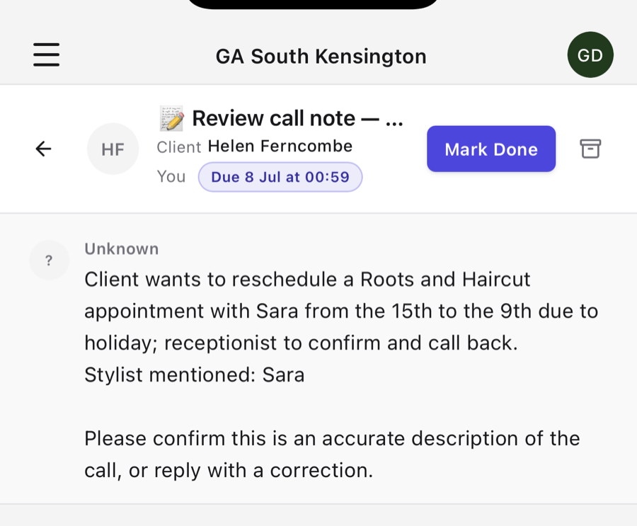 A call note written straight onto the client's record in Daviana
