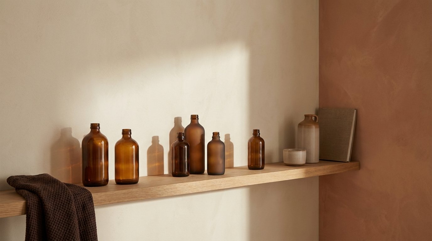 A shelf of salon back bar bottles in warm light