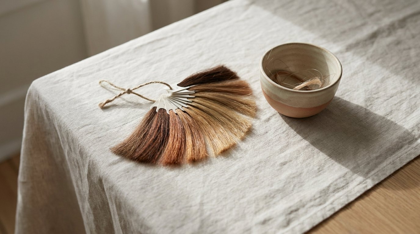 A fan of hair colour swatches laid out on linen