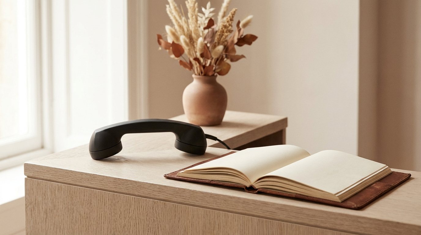 A telephone handset beside an open appointment book on a salon reception counter