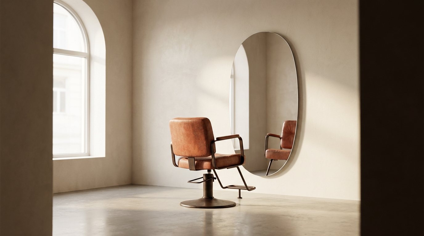 An empty salon styling chair facing a mirror in morning light