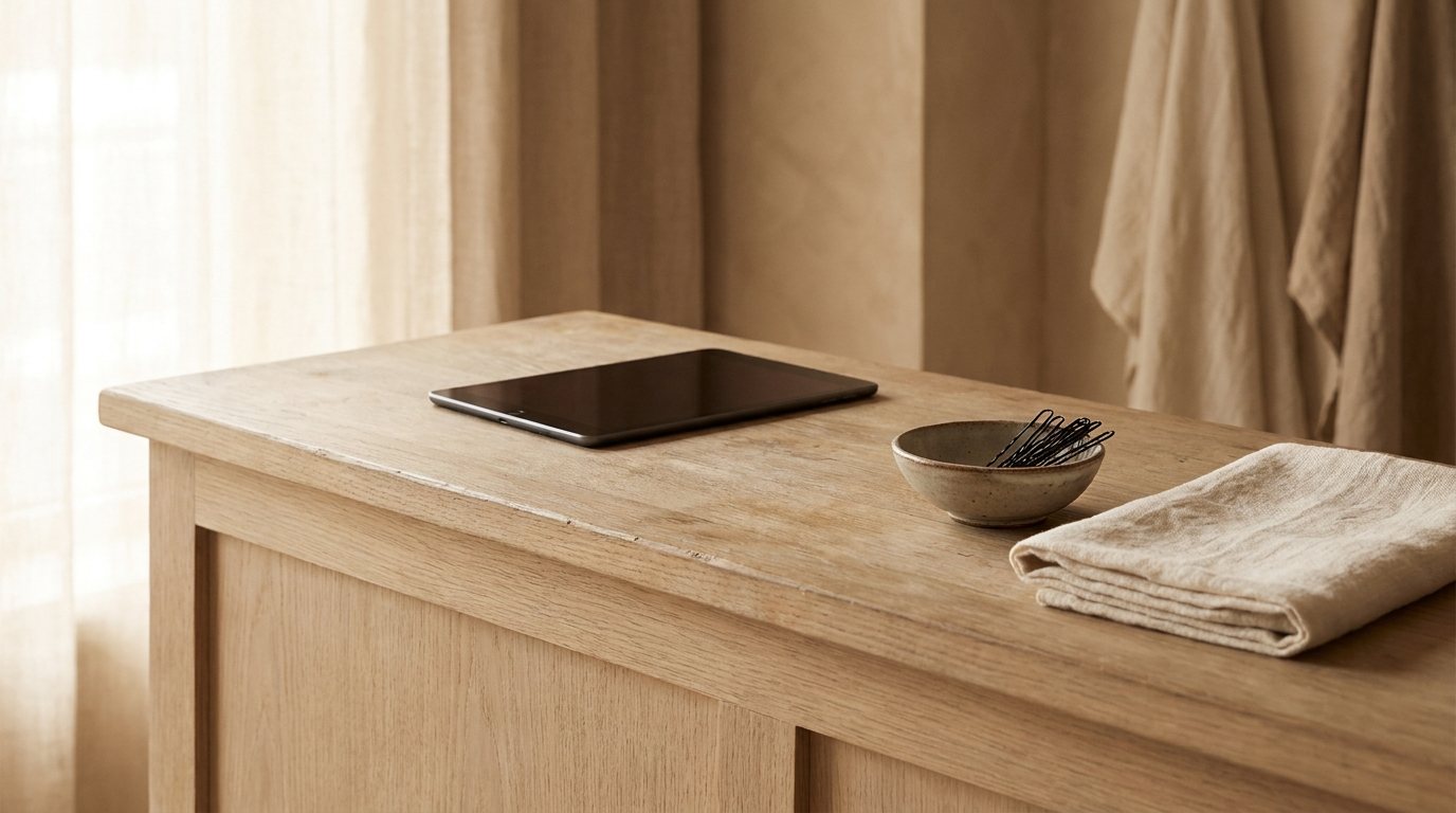 A salon reception counter with a tablet lying flat