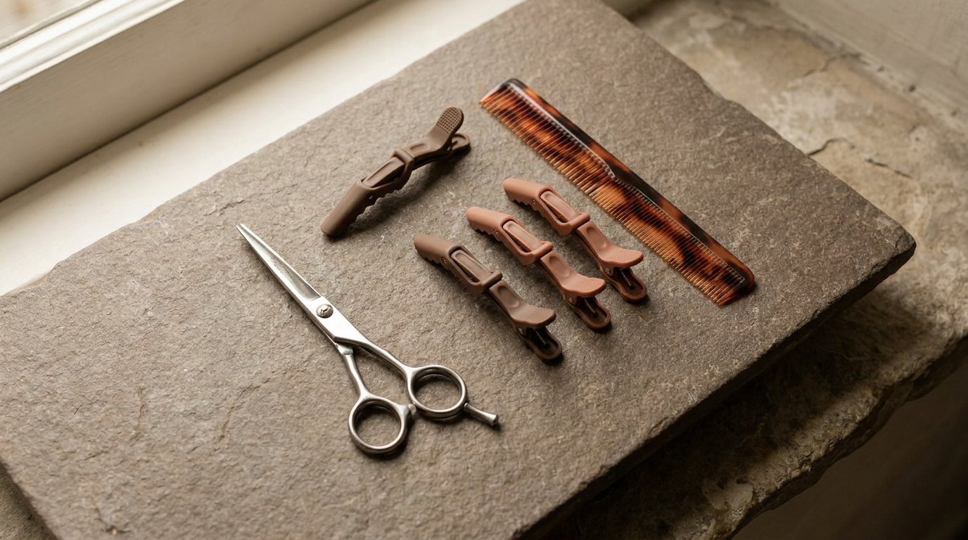 Hairdressing tools laid out neatly on a stone surface