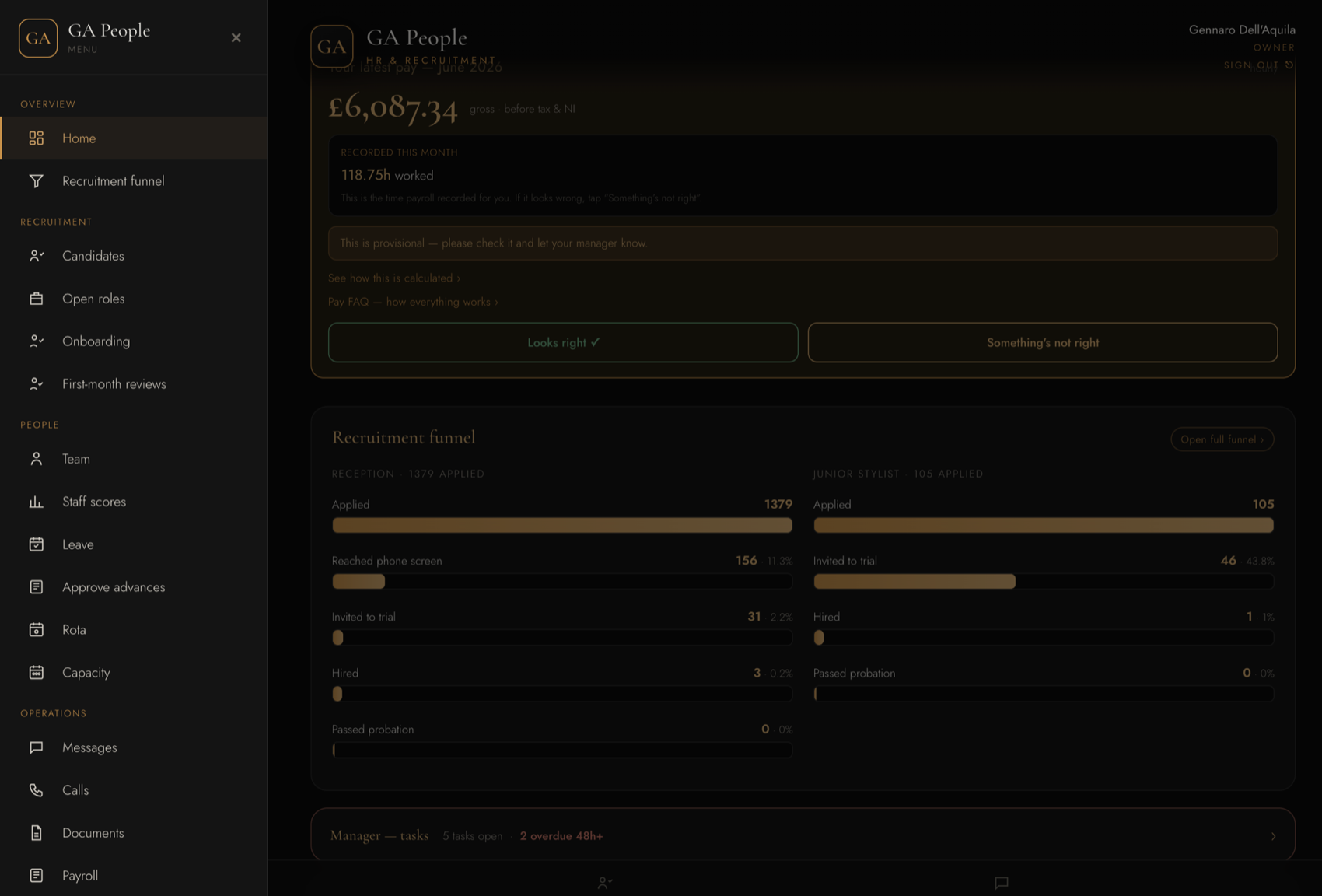GA People dashboard showing the live recruitment funnel — applied, reached phone screen, invited to trial, hired — across reception and junior-stylist roles