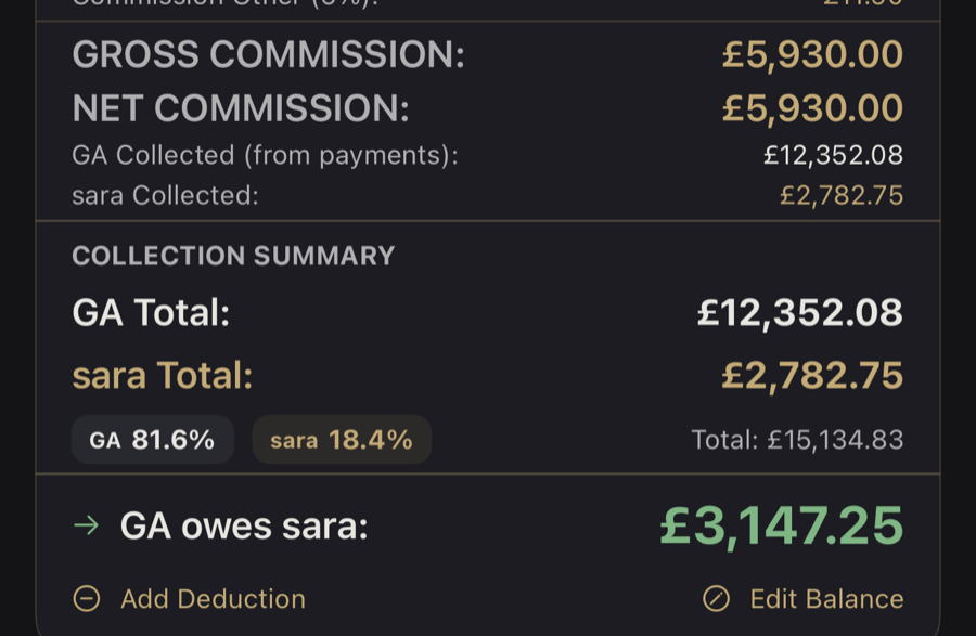 Commission and settlement view — a running ledger of earnings split by employed and self-employed